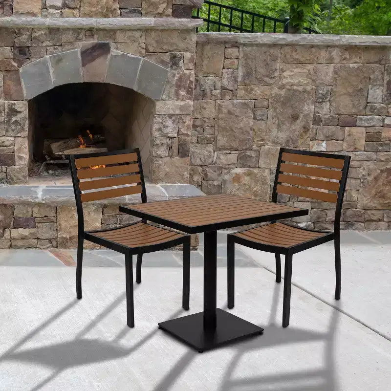 Flash Furniture Lark Outdoor Patio Bistro Dining Table Set with 2 Chairs and Faux Teak Poly Slats