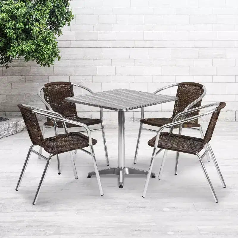 Emma and Oliver 27.5 Square Aluminum Garden Patio Table Set with 4 Rattan Chairs