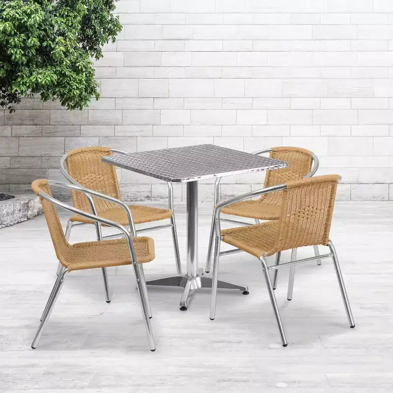 Emma and Oliver 27.5 Square Aluminum Garden Patio Table Set with 4 Rattan Chairs