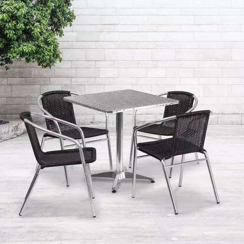 Emma and Oliver 27.5 Square Aluminum Garden Patio Table Set with 4 Rattan Chairs