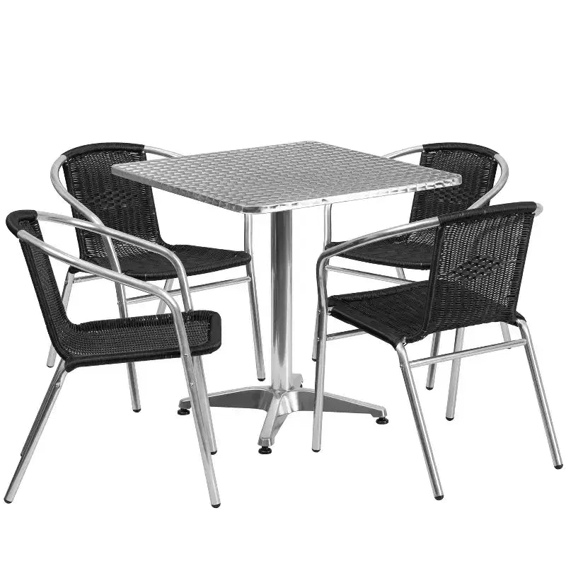 Emma and Oliver 27.5 Square Aluminum Garden Patio Table Set with 4 Rattan Chairs