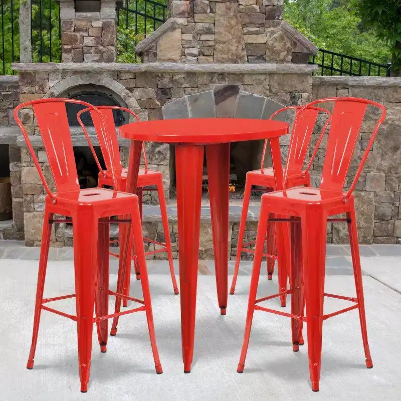 Emma and Oliver Commercial Grade 30 Round Metal Indoor-Outdoor Bar Table Set with 4 Cafe Stools