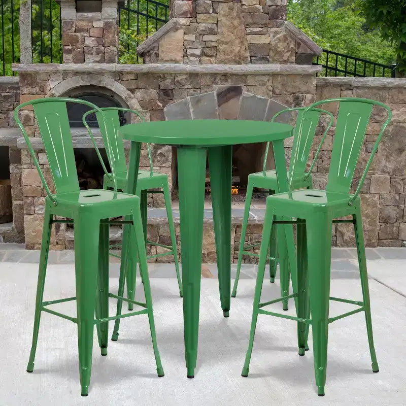 Emma and Oliver Commercial Grade 30 Round Metal Indoor-Outdoor Bar Table Set with 4 Cafe Stools