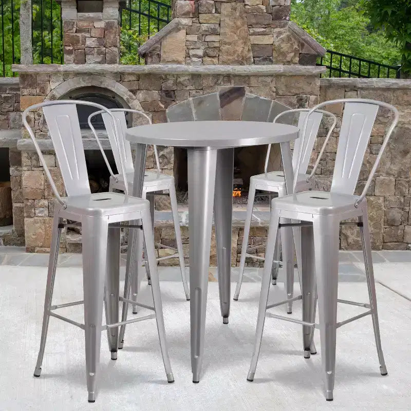Emma and Oliver Commercial Grade 30 Round Metal Indoor-Outdoor Bar Table Set with 4 Cafe Stools