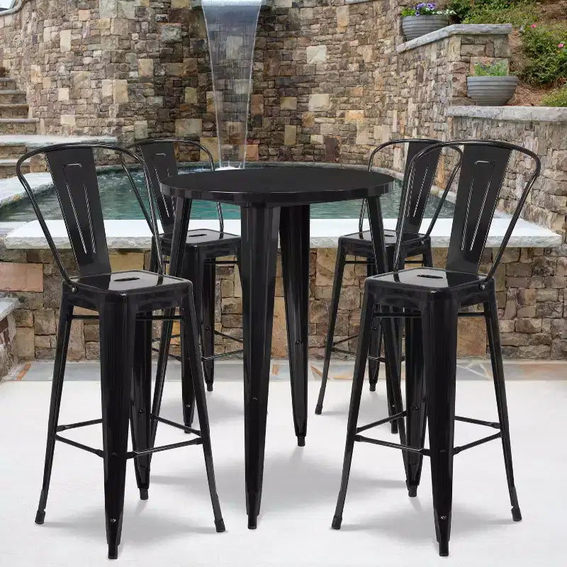 Emma and Oliver Commercial Grade 30 Round Metal Indoor-Outdoor Bar Table Set with 4 Cafe Stools