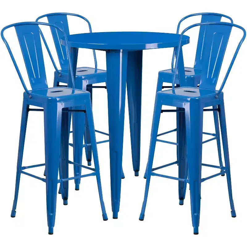 Emma and Oliver runder 30-Zoll-Indoor-Outdoor-Bartisch aus Metall in Gewerbequalität mit 4 Caféhockern