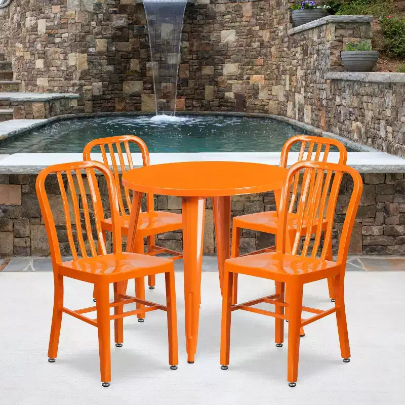 Emma and Oliver Commercial Grade 30 Round Metal Indoor-Outdoor Table Set & 4 Slat Back Chairs