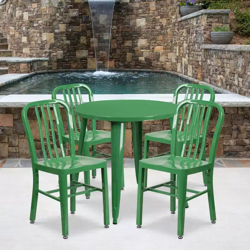 Emma and Oliver Commercial Grade 30 Round Metal Indoor-Outdoor Table Set & 4 Slat Back Chairs