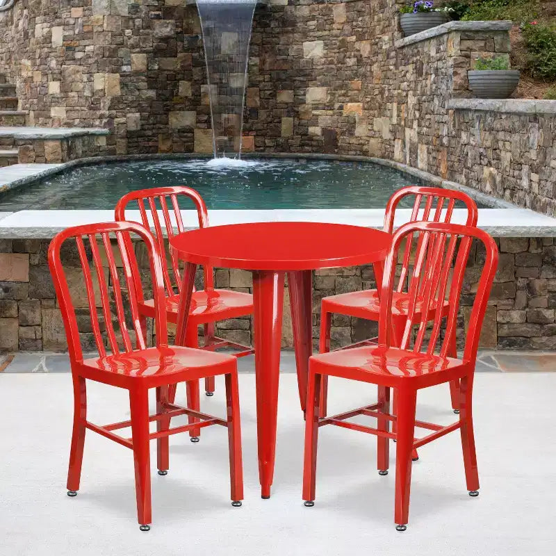Emma and Oliver Commercial Grade 30 Round Metal Indoor-Outdoor Table Set & 4 Slat Back Chairs