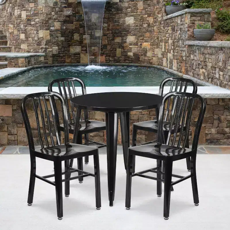 Emma and Oliver Commercial Grade 30 Round Metal Indoor-Outdoor Table Set & 4 Slat Back Chairs