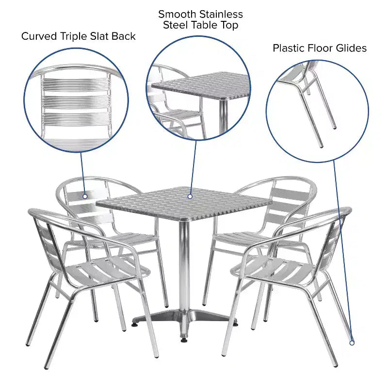 Emma and Oliver 27.5 Square Aluminum Table Set with 4 Slat Back Chairs