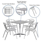 Emma and Oliver 27.5 Square Aluminum Table Set with 4 Slat Back Chairs