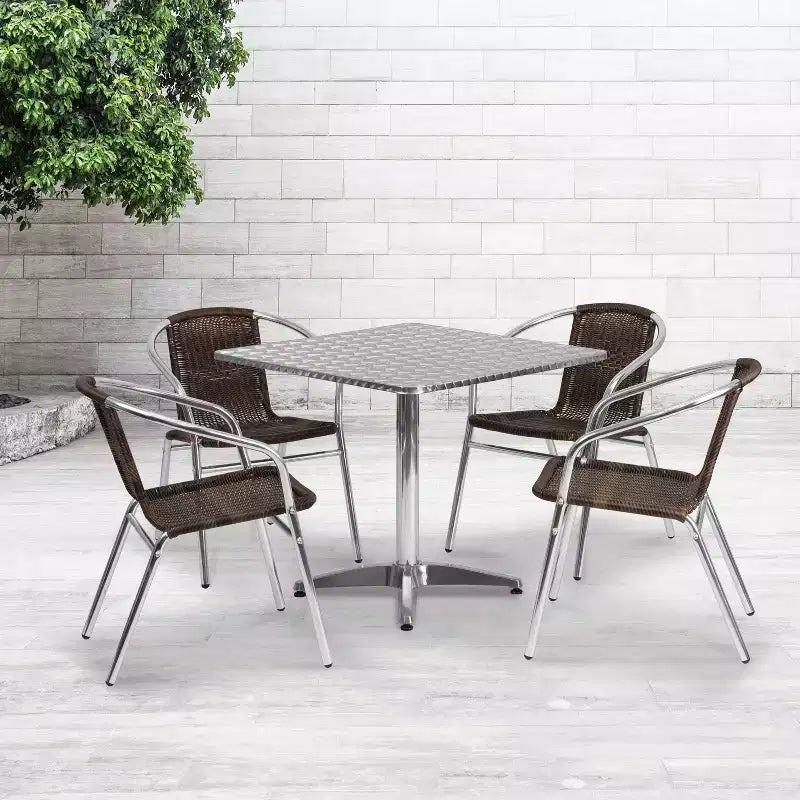 Emma and Oliver 31.5 Square Aluminum Garden Patio Table Set with 4 Rattan Chairs