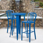 Emma and Oliver Commercial 24 Round Metal Indoor-Outdoor Bar Table Set & 2 Slat Back Stools