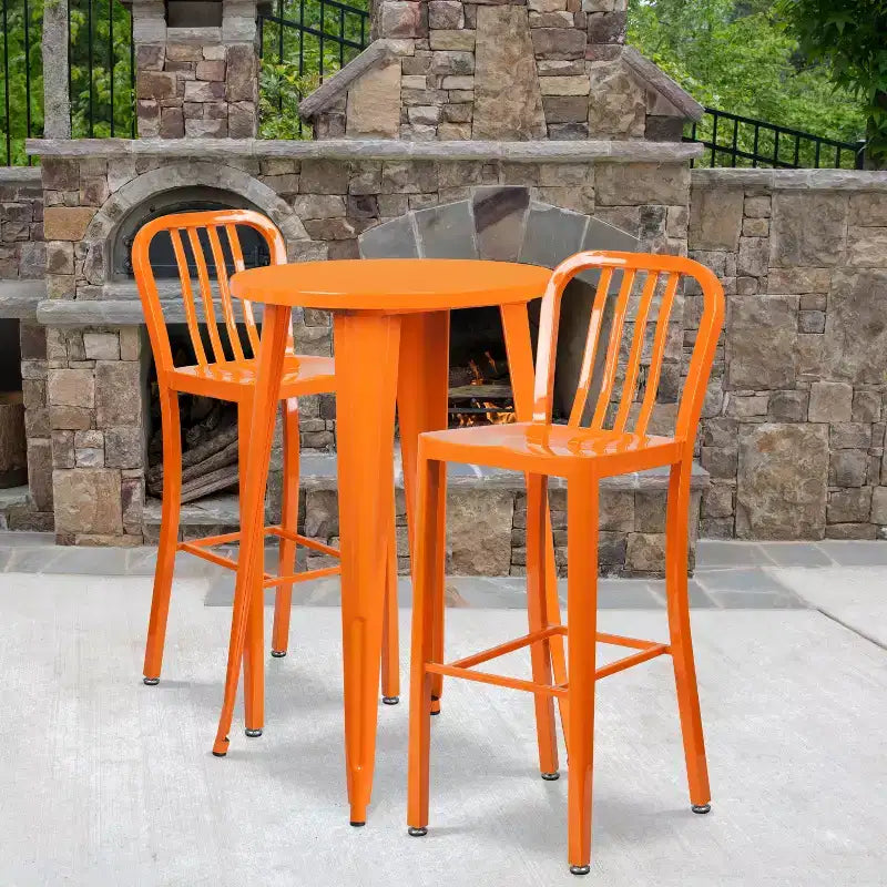 Emma and Oliver Commercial 24 Round Metal Indoor-Outdoor Bar Table Set & 2 Slat Back Stools