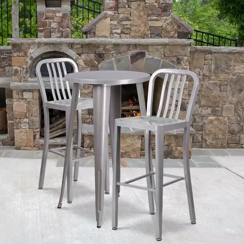 Emma and Oliver Commercial 24 Round Metal Indoor-Outdoor Bar Table Set & 2 Slat Back Stools