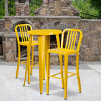 Emma and Oliver Commercial 24 Round Metal Indoor-Outdoor Bar Table Set & 2 Slat Back Stools