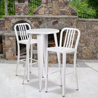 Emma and Oliver Commercial 24 Round Metal Indoor-Outdoor Bar Table Set & 2 Slat Back Stools