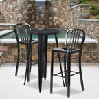 Emma and Oliver Commercial 24 Round Metal Indoor-Outdoor Bar Table Set & 2 Slat Back Stools
