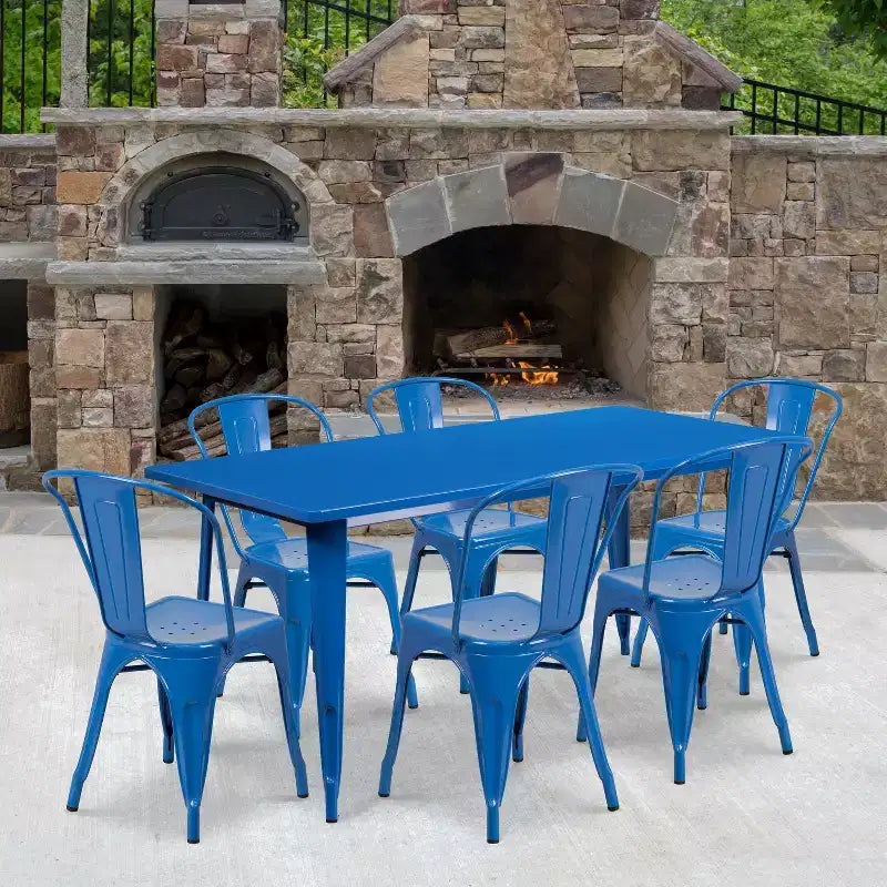 Emma and Oliver Commercial Grade Rectangular Metal Indoor-Outdoor Table Set with 6 Stack Chairs
