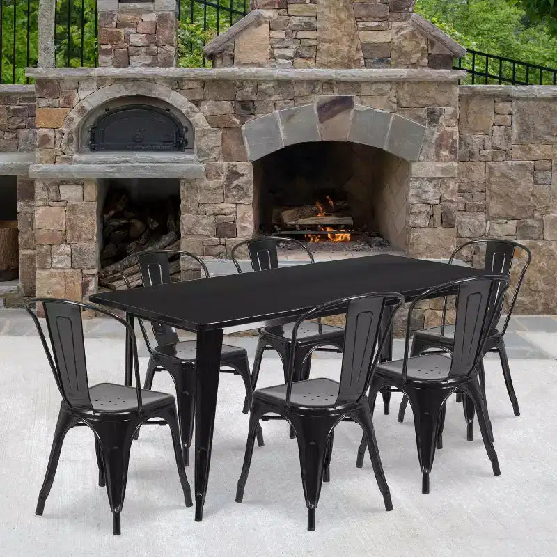 Emma and Oliver Commercial Grade Rectangular Metal Indoor-Outdoor Table Set with 6 Stack Chairs
