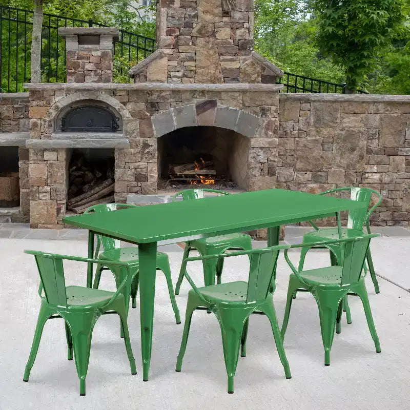 Emma and Oliver Commercial Grade Rectangular Metal Indoor-Outdoor Table Set with 6 Arm Chairs