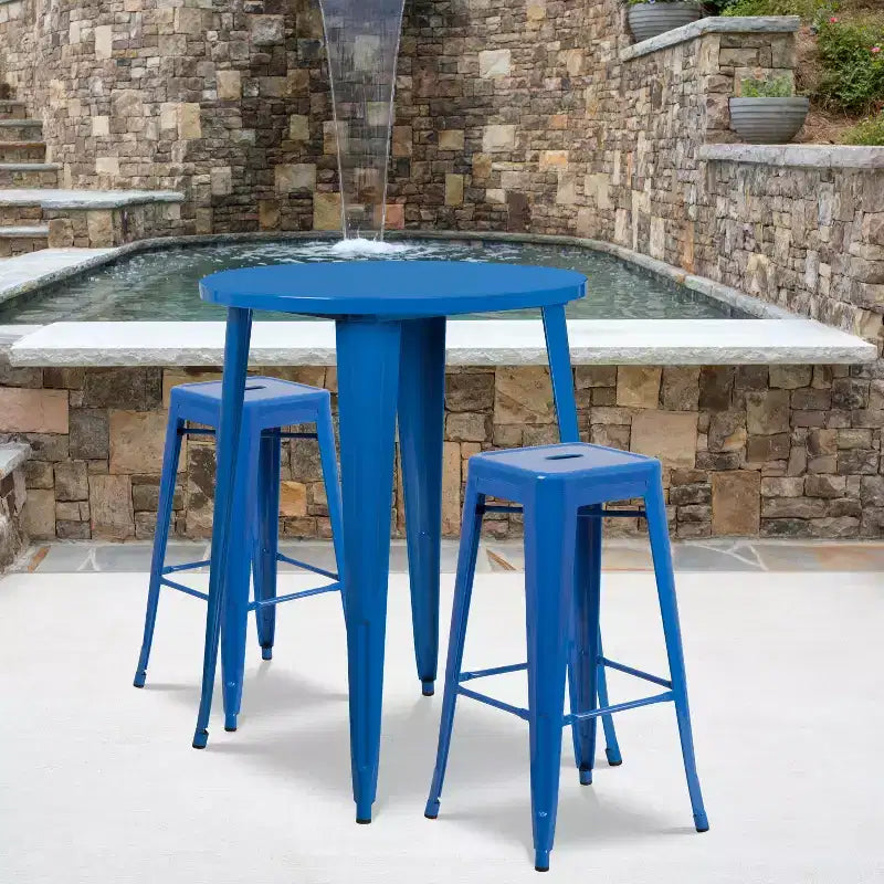 Emma and Oliver Commercial Grade 30 Round Metal Indoor-Outdoor Bar Table Set, 2 Backless Stools