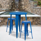 Emma and Oliver Commercial Grade 30 Round Metal Indoor-Outdoor Bar Table Set, 2 Backless Stools