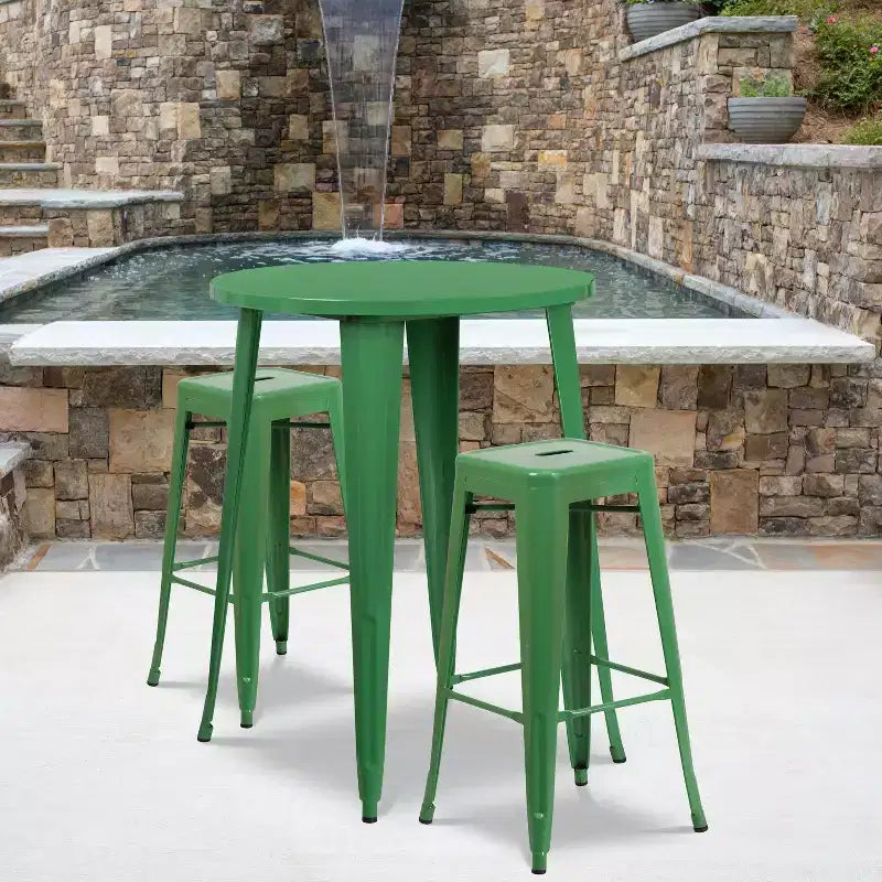 Emma and Oliver Commercial Grade 30 Round Metal Indoor-Outdoor Bar Table Set, 2 Backless Stools