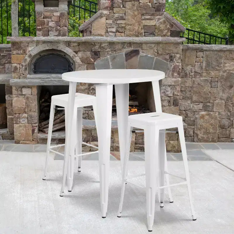 Emma and Oliver Commercial Grade 30 Round Metal Indoor-Outdoor Bar Table Set, 2 Backless Stools