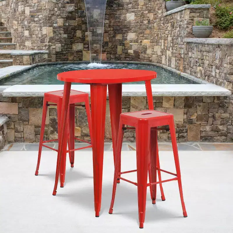 Emma and Oliver Commercial Grade 30 Round Metal Indoor-Outdoor Bar Table Set, 2 Backless Stools