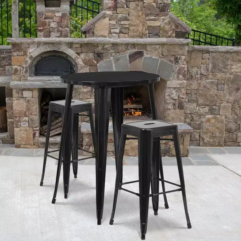 Emma and Oliver Commercial Grade 30 Round Metal Indoor-Outdoor Bar Table Set, 2 Backless Stools