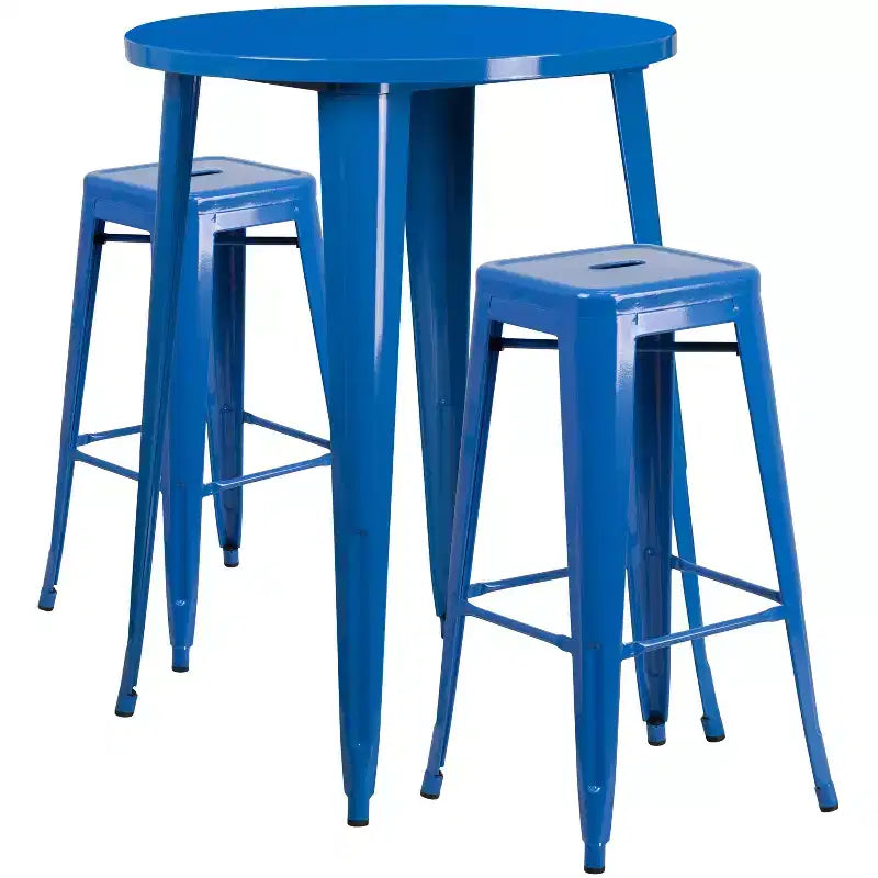 Gewerbliches 30-Zoll-rundes Metall-Bartisch-Set für drinnen und draußen von Emma und Oliver, 2 Hocker ohne Lehne