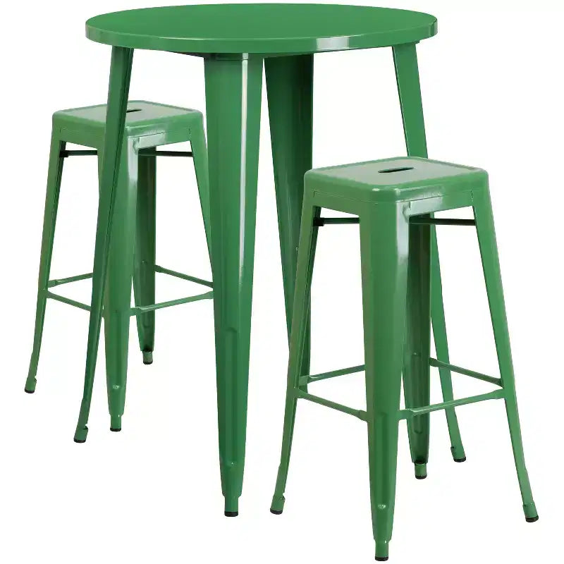 Gewerbliches 30-Zoll-rundes Metall-Bartisch-Set für drinnen und draußen von Emma und Oliver, 2 Hocker ohne Lehne