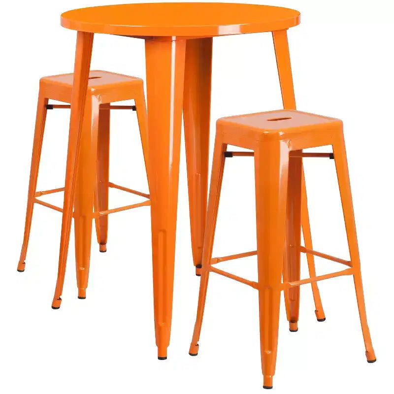 Gewerbliches 30-Zoll-rundes Metall-Bartisch-Set für drinnen und draußen von Emma und Oliver, 2 Hocker ohne Lehne