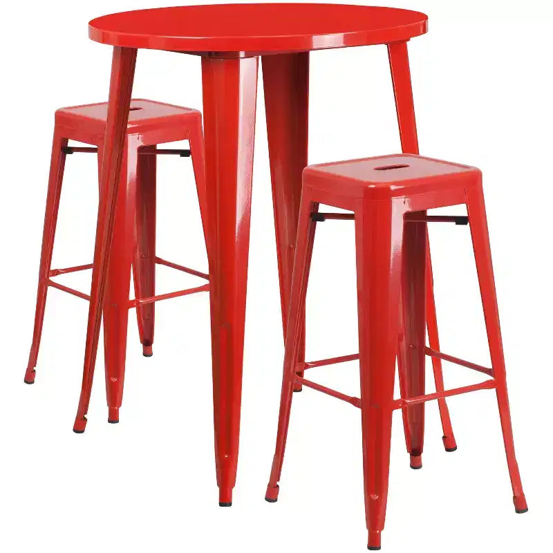 Emma and Oliver Commercial Grade 30 Round Metal Indoor-Outdoor Bar Table Set, 2 Backless Stools