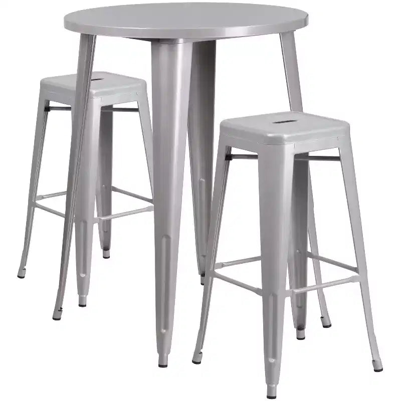 Gewerbliches 30-Zoll-rundes Metall-Bartisch-Set für drinnen und draußen von Emma und Oliver, 2 Hocker ohne Lehne