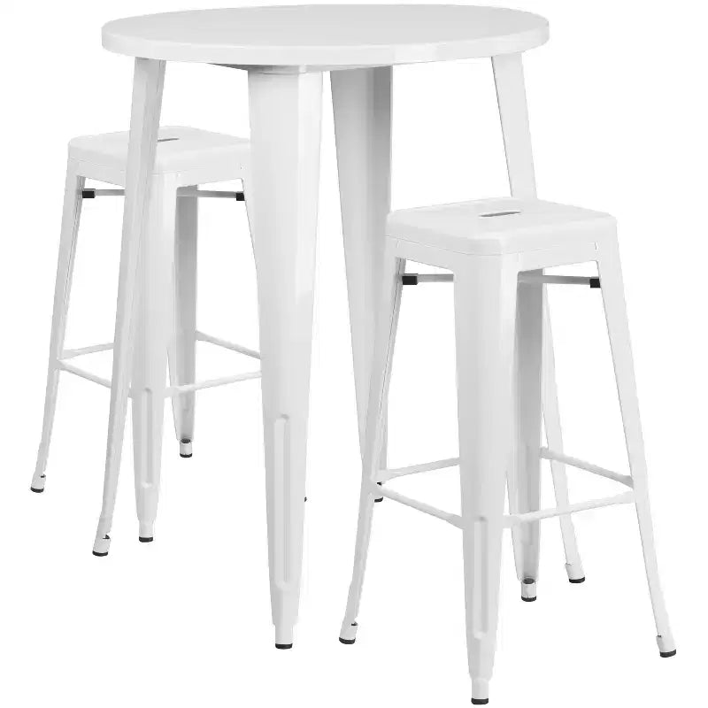 Gewerbliches 30-Zoll-rundes Metall-Bartisch-Set für drinnen und draußen von Emma und Oliver, 2 Hocker ohne Lehne