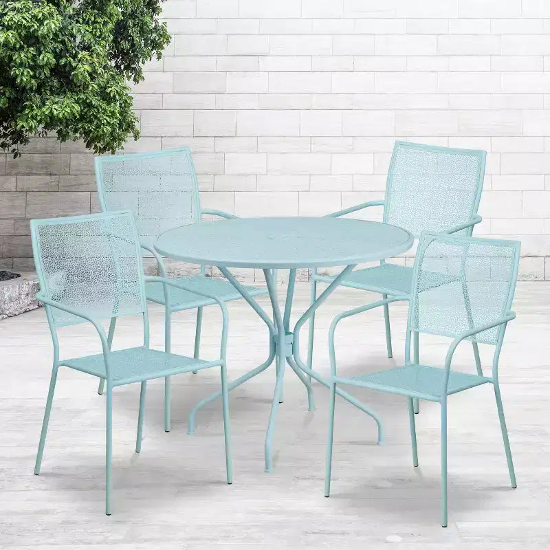 Emma and Oliver Commercial Grade 35.25 Round Metal Garden Patio Table Set, 4 Square Back Chairs