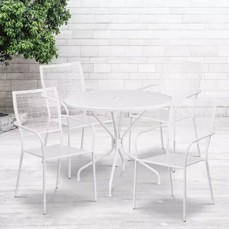 Emma and Oliver Commercial Grade 35.25 Round Metal Garden Patio Table Set, 4 Square Back Chairs