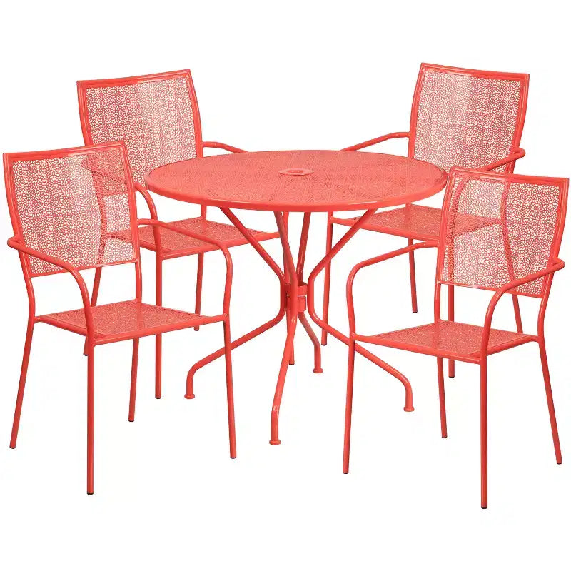 Kommerzielles Metall-Garten-Esstischset „Emma and Oliver“ mit rundem Tisch (35.25), 4 Stühlen mit quadratischer Rückenlehne