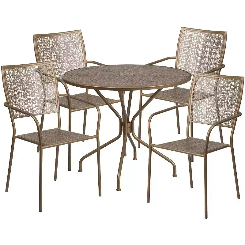Kommerzielles Metall-Garten-Esstischset „Emma and Oliver“ mit rundem Tisch (35.25), 4 Stühlen mit quadratischer Rückenlehne