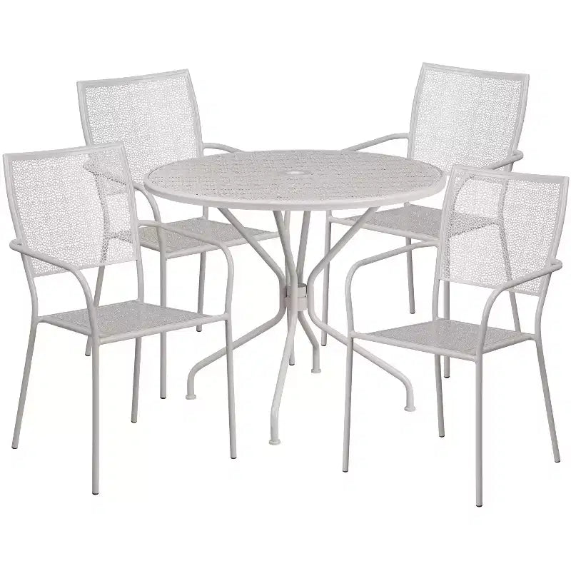 Kommerzielles Metall-Garten-Esstischset „Emma and Oliver“ mit rundem Tisch (35.25), 4 Stühlen mit quadratischer Rückenlehne