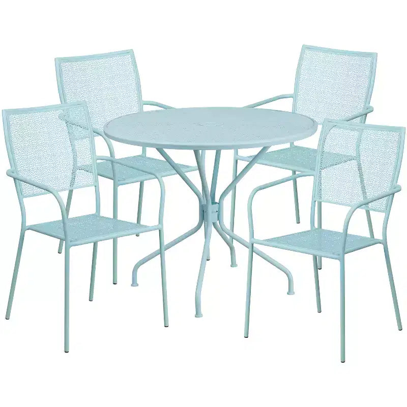 Kommerzielles Metall-Garten-Esstischset „Emma and Oliver“ mit rundem Tisch (35.25), 4 Stühlen mit quadratischer Rückenlehne
