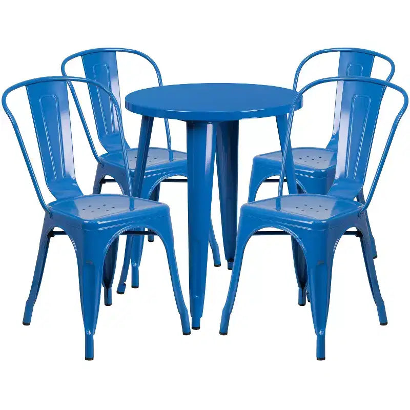 Gewerbliches 24-Zoll-rundes Metall-Tischset für drinnen und draußen von Emma und Oliver mit 4 Café-Stühlen