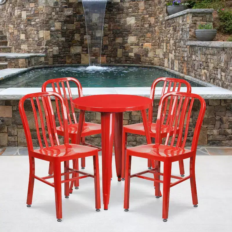 Emma and Oliver Commercial Grade 24 Round Metal Indoor-Outdoor Table Set & 4 Slat Back Chairs