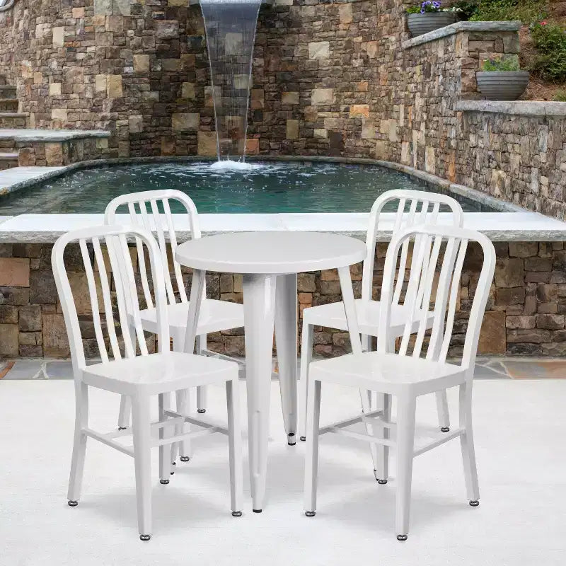 Emma and Oliver Commercial Grade 24 Round Metal Indoor-Outdoor Table Set & 4 Slat Back Chairs