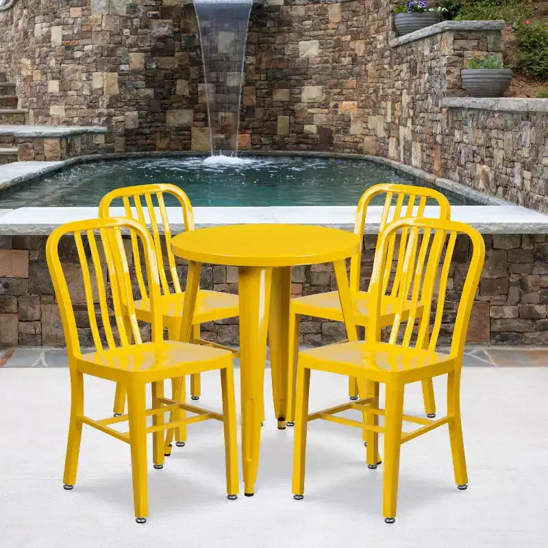 Emma and Oliver Commercial Grade 24 Round Metal Indoor-Outdoor Table Set & 4 Slat Back Chairs