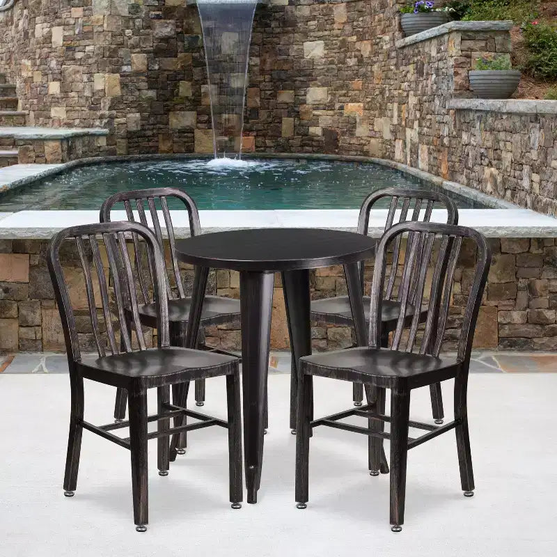 Emma and Oliver Commercial Grade 24 Round Metal Indoor-Outdoor Table Set & 4 Slat Back Chairs