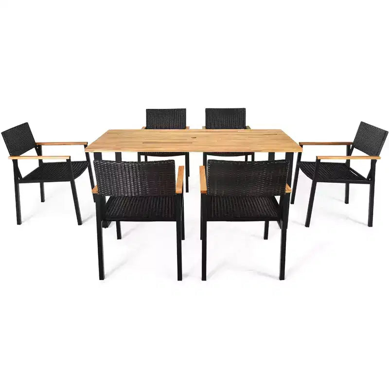 Costway 7PCS Patio Rattan Patented Dining Chair Table Set Solid Wood Frame Umbrella Hole